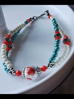 Turquoise, Coral & Pearl Beaded Bracelet with Floral Focal Bead